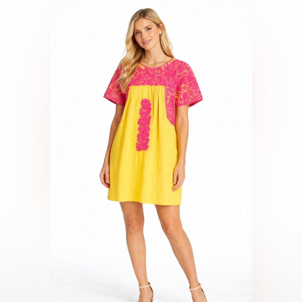 Sister Mary Embroidered Shirt Dress Size XS Color Yellow Pink